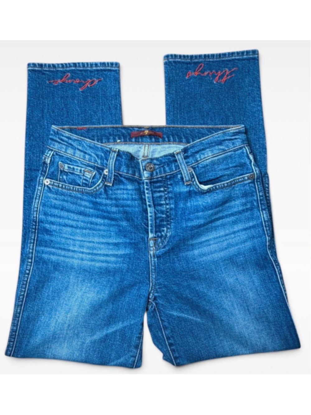 Women's 7 For All Mankind Straight Leg Jeans Size 28 Blue Red Embroidered